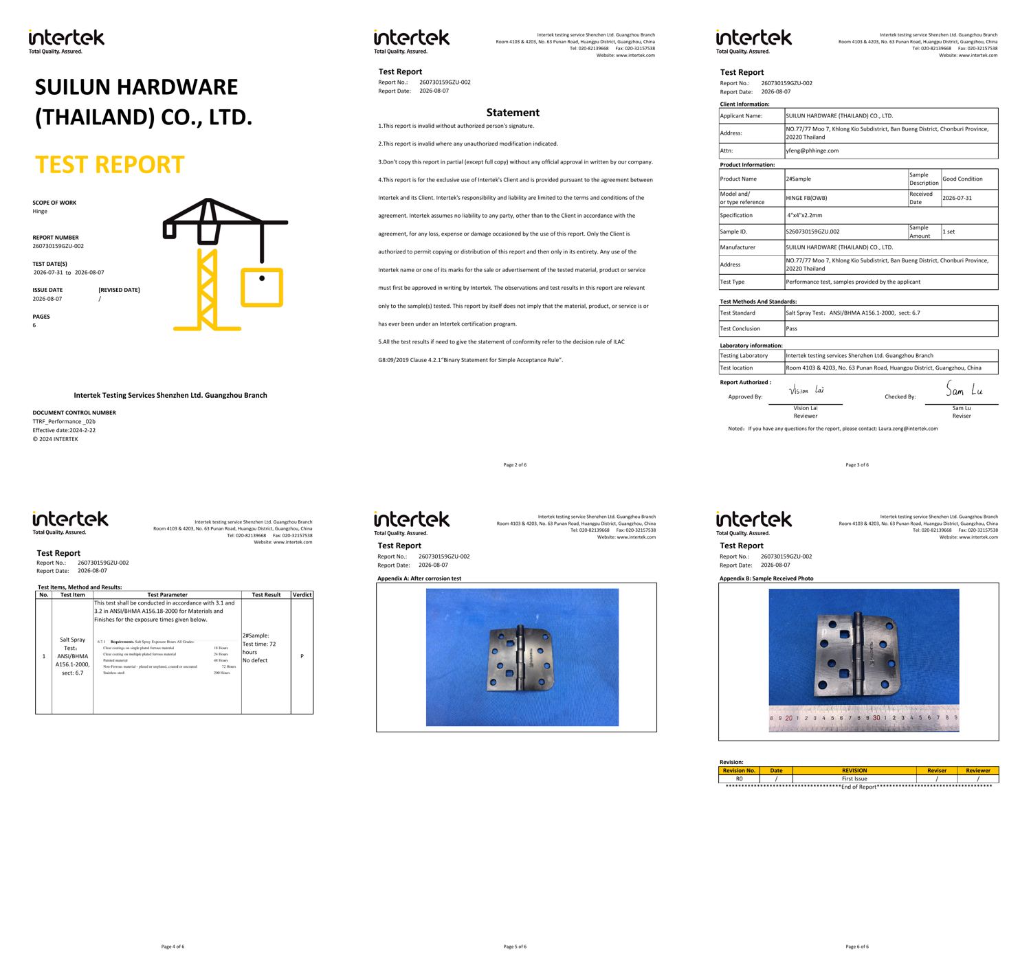 Intertek Salt-Spray Test Report (full PDF) — HINGE FB(OWB) 4x4x2.2mm, PASS