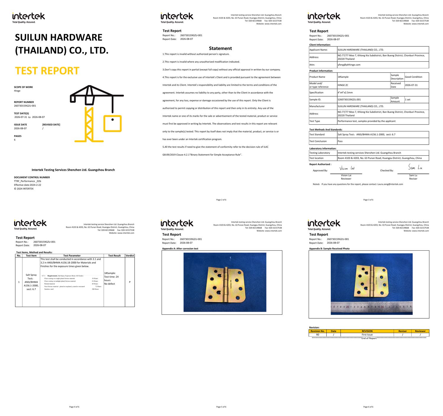 Intertek Salt-Spray Test Report (full PDF) — HINGE ZC 4x4x2.5mm, PASS